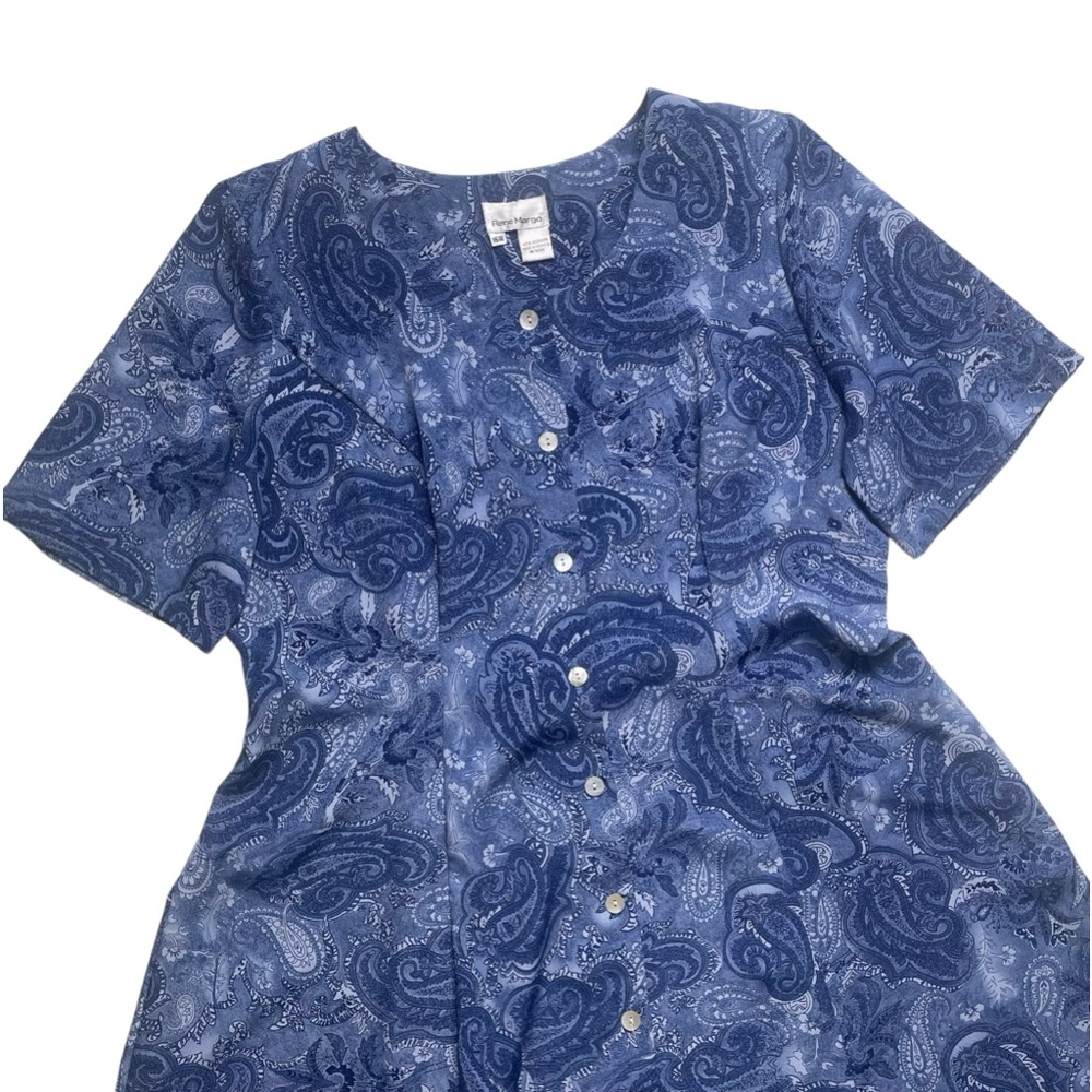 Vintage Rene Margo Blue Paisley Dress Size 16W Button Front Short Sleeves Church